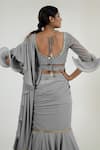 Shop_Merge Design_Gray Net, Georgette Mirrors Round Neck Grey Work Pre-draped Saree Set _at_Aza_Fashions
