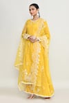 Buy_Abbaran_Yellow Organza Embroidery, Beads Round Neck Kurta Set _Online_at_Aza_Fashions