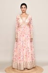 Shop_Abbaran_Off White Georgette, Chiffon Embroidery, Sequins V-neck Floral Anarkali Set  _Online_at_Aza_Fashions