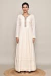 Abbaran_White Georgette, Chinon Stones, Sequins V-neck Anarkali Set _at_Aza_Fashions