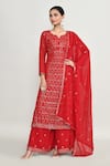 Buy_Abbaran_Red Net Stones, Zari Round Neck Embroidered Kurta Set _at_Aza_Fashions