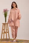 Shop_OMI_Pink Chanderi, Cotton Satin Embroidery Collared Pant Set _at_Aza_Fashions