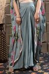 LABEL FLAMINGO BY VRINDA_Aqua Chiffon Sequins, Pearls Scoop Neck Drape Set With Floral Cape _Online_at_Aza_Fashions
