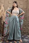Buy_LABEL FLAMINGO BY VRINDA_Aqua Chiffon Sequins, Pearls Scoop Neck Drape Set With Floral Cape _Online_at_Aza_Fashions