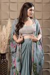 Shop_LABEL FLAMINGO BY VRINDA_Aqua Chiffon Sequins, Pearls Scoop Neck Drape Set With Floral Cape _Online_at_Aza_Fashions