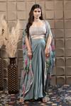 Buy_LABEL FLAMINGO BY VRINDA_Aqua Chiffon Sequins, Pearls Scoop Neck Drape Set With Floral Cape _at_Aza_Fashions