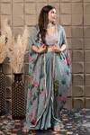 LABEL FLAMINGO BY VRINDA_Aqua Chiffon Sequins, Pearls Scoop Neck Drape Set With Floral Cape _at_Aza_Fashions