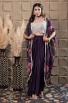 LABEL FLAMINGO BY VRINDA_Purple Chiffon Cut Work, Sequins, Pearls Square Neck Floral Cape Drape Set _at_Aza_Fashions