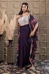 Shop_LABEL FLAMINGO BY VRINDA_Purple Chiffon Cut Work, Sequins, Pearls Square Neck Floral Cape Drape Set _at_Aza_Fashions