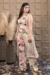 Shop_LABEL FLAMINGO BY VRINDA_Ivory Chiffon Cut Work, Sequins, Pearls V-neck Floral Print Cape Set _at_Aza_Fashions