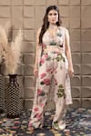 Buy_LABEL FLAMINGO BY VRINDA_Ivory Chiffon Cut Work, Sequins, Pearls V-neck Floral Print Cape Set _at_Aza_Fashions