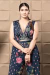 LABEL FLAMINGO BY VRINDA_Navy Chiffon Cut Work, Sequins, Pearls V-neck Blue Embroidered Cape Set _Online_at_Aza_Fashions