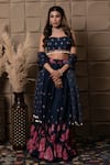 Buy_LABEL FLAMINGO BY VRINDA_Navy Organza Cut Work, Sequins, Pearls Sweetheart Neck Blue Gather Lehenga Set _at_Aza_Fashions