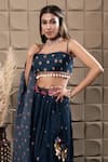 LABEL FLAMINGO BY VRINDA_Navy Organza Cut Work, Sequins, Pearls Sweetheart Neck Blue Gather Lehenga Set _Online_at_Aza_Fashions