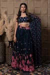 Shop_LABEL FLAMINGO BY VRINDA_Navy Organza Cut Work, Sequins, Pearls Sweetheart Neck Blue Gather Lehenga Set _at_Aza_Fashions
