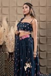 Buy_LABEL FLAMINGO BY VRINDA_Navy Organza Cut Work, Sequins, Pearls Sweetheart Neck Blue Gather Lehenga Set _Online_at_Aza_Fashions