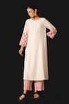 Devnaagri_Ivory Silk, Chanderi, Kota Doria Embroidery Round Neck Kurta Pant Dupatta Set _Online_at_Aza_Fashions