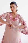 Devnaagri_Blush , Chanderi, Organza Embroidery Split V-neck Pink Kurta Set _at_Aza_Fashions