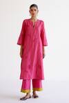 Buy_Devnaagri_Fuchsia Silk Organza, Silk, Chanderi Embroidery Split V-neck Pink Kurta Set _at_Aza_Fashions