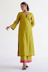 Shop_Devnaagri_Green , Chanderi, Organza Embroidery Split V-neck Kurta Set _Online_at_Aza_Fashions