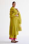 Devnaagri_Green , Chanderi, Organza Embroidery Split V-neck Kurta Set _at_Aza_Fashions