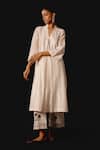 Shop_Devnaagri_Ivory Silk, Chanderi Embroidery V-neck Kurta Set _Online_at_Aza_Fashions