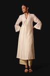 Devnaagri_Ivory Silk, Chanderi Embroidery V-neck Yellow Kurta Set _Online_at_Aza_Fashions
