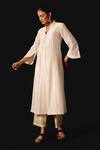 Buy_Devnaagri_Ivory Silk, Chanderi Embroidery V-neck Yellow Kurta Set _Online_at_Aza_Fashions