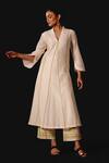 Buy_Devnaagri_Ivory Silk, Chanderi Embroidery V-neck Yellow Kurta Set _at_Aza_Fashions