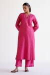 Buy_Devnaagri_Fuchsia , Chanderi, Organza Embroidery Split V-neck Pink Kurta Set _Online_at_Aza_Fashions