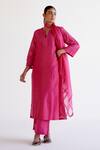 Buy_Devnaagri_Fuchsia , Chanderi, Organza Embroidery Split V-neck Pink Kurta Set _at_Aza_Fashions