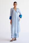Buy_Devnaagri_Blue Tussar, Silk V-neck Light Jacket Kurta Set _Online_at_Aza_Fashions