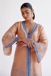 Devnaagri_Brown Tussar, Silk Embroidery V-neck Caramel Kurta Set With Scarf _Online_at_Aza_Fashions