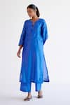 Devnaagri_Blue , Chanderi, Organza Embroidery Split V-neck Kurta Set _Online_at_Aza_Fashions