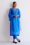 Buy_Devnaagri_Blue , Chanderi, Organza Embroidery Split V-neck Kurta Set _Online_at_Aza_Fashions