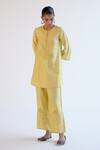 Buy_Devnaagri_Yellow Silk, Chanderi Embroidery Round Neck Lemon Kurta Set _Online_at_Aza_Fashions