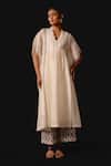 Buy_Devnaagri_Ivory Silk, Chanderi Split V-neck Kaftan Set _at_Aza_Fashions