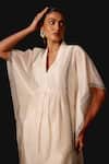 Devnaagri_Ivory Silk, Chanderi Split V-neck Kaftan Set _at_Aza_Fashions