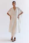 Buy_Devnaagri_Ivory Silk, Chanderi Embroidery V-neck Kaftan Set _at_Aza_Fashions