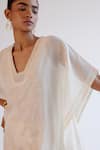 Devnaagri_Ivory Silk, Chanderi Embroidery V-neck Kaftan Set _at_Aza_Fashions