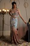 Shop_Moledro_Blue Net, Georgette Sequins, Embroidery Round Neck Rhea Pre-draped Saree Set _Online_at_Aza_Fashions
