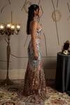 Moledro_Blue Net, Georgette Sequins, Embroidery Round Neck Rhea Pre-draped Saree Set _at_Aza_Fashions