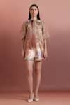Buy_Pankaj & Nidhi_Multi Color Polyester, Satin Embroidery Open Neck Tie-up Top And Pleated Shorts _at_Aza_Fashions