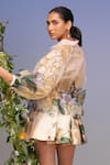 Shop_Pankaj & Nidhi_Multi Color Organza, Satin Embroidery Collared Embellished Jacket And Skorts Set _at_Aza_Fashions