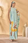 Buy_Masaba_Blue Crepe, Silk Round Neck Feathered Asymmetrical Kaftan _at_Aza_Fashions