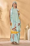 Masaba_Blue Crepe, Silk Round Neck Feathered Asymmetrical Kaftan _Online_at_Aza_Fashions