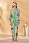 Buy_Masaba_Blue Crepe, Silk V-neck Whirlwind Cinched Kaftan _at_Aza_Fashions