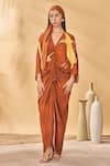 Buy_Masaba_Brown Crepe, Silk V-neck Feathered Cinched Kaftan _at_Aza_Fashions