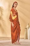 Masaba_Brown Crepe, Silk V-neck Feathered Cinched Kaftan _Online_at_Aza_Fashions