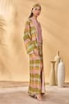 Shop_Masaba_Multi Color Silk Embroidery, Tassels Round Neck Pina Colada Checkered Kaftan _at_Aza_Fashions